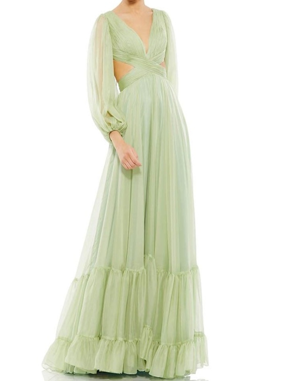 MAC DUGGAL 67948 Chiffon Ruffle Long Sleeve Corset Lace Up Maxi Dress Sage NWT